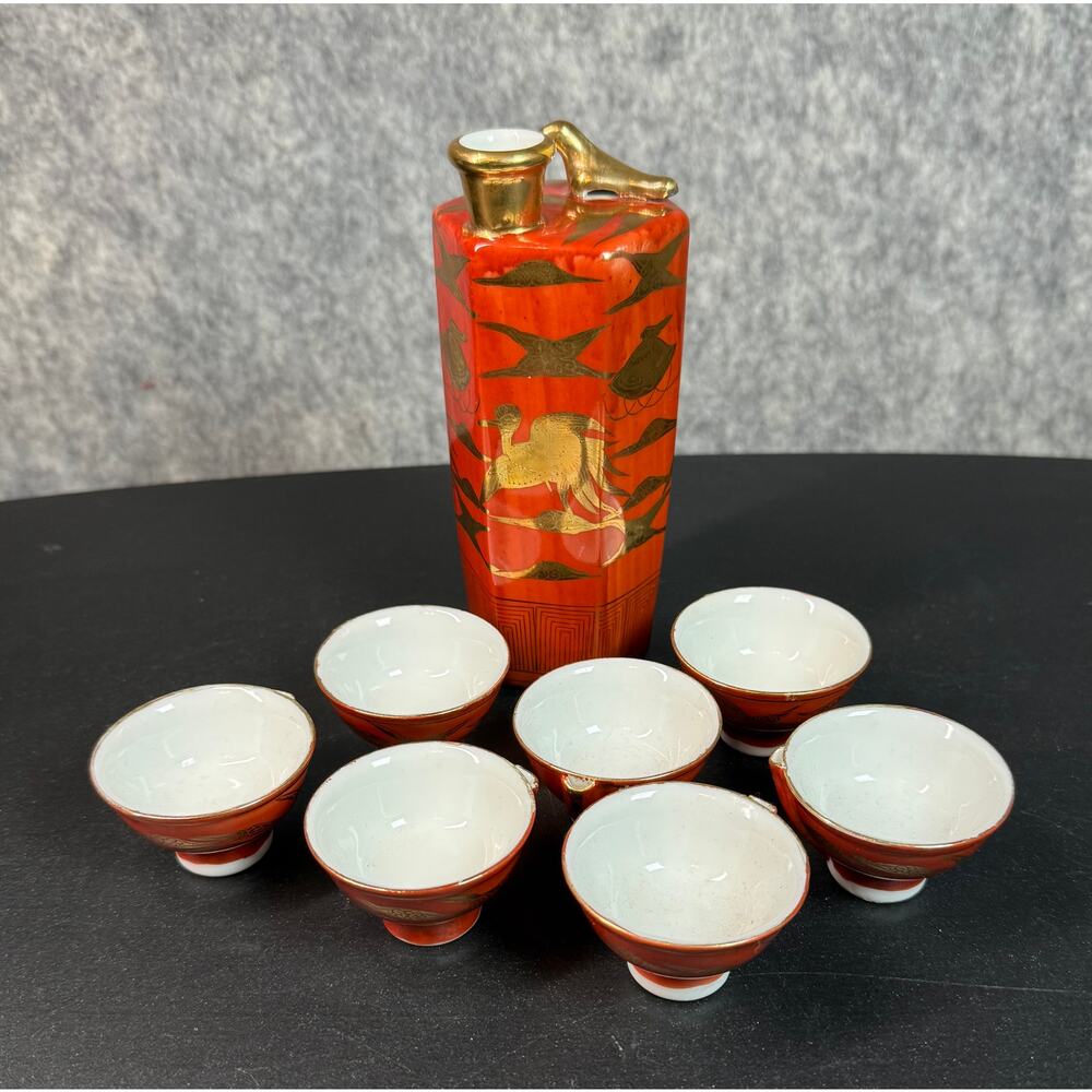 VTG Japanese Sake Uguisu Dokkuri Crimson Gold Set Bottle and 7 Cups Porcelain
